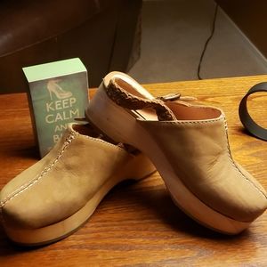 mtng braided leather slingback wooden clogs NWT